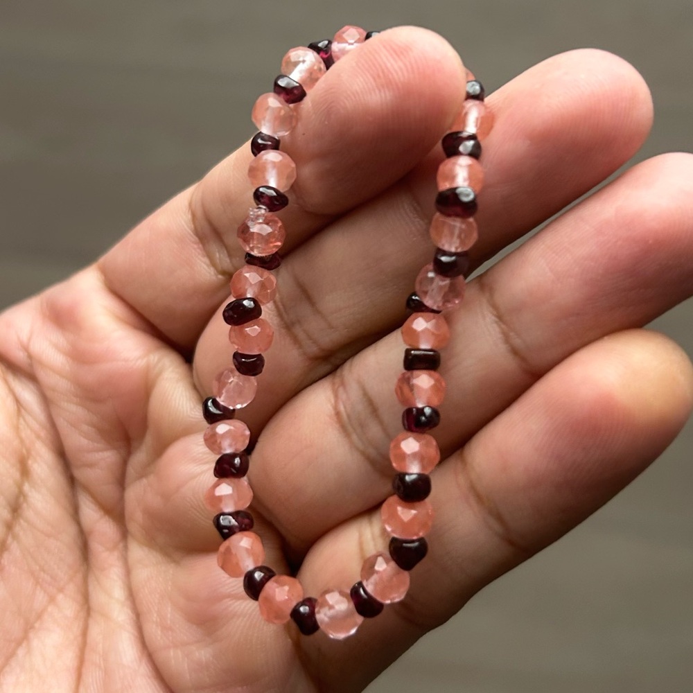 Handmade Garnet and Rose Quartz Necklace, 6”